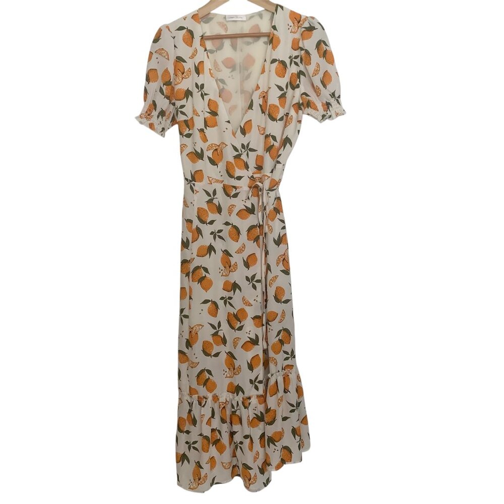 Citrus print wrap  maxi summer orange cream dress - Picture 3 of 14